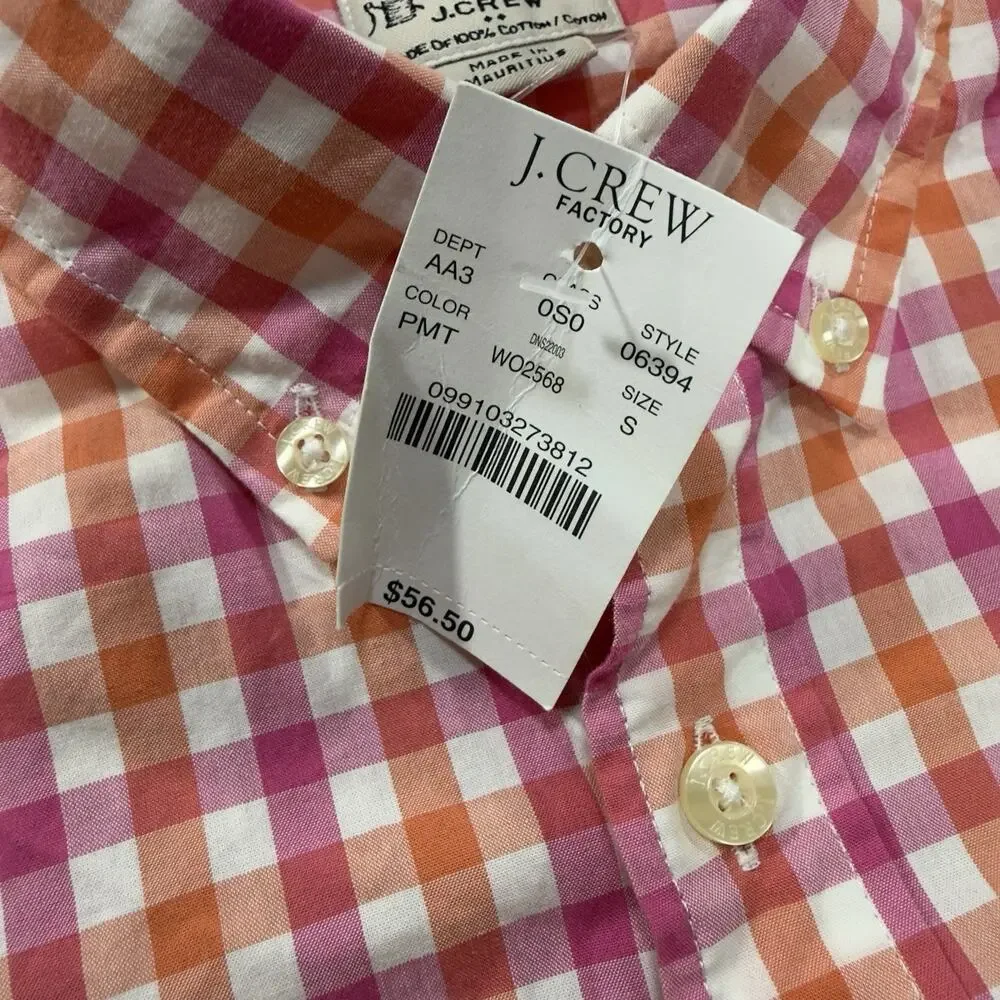 NWT J Crew Factory Mens Pink Orange Gingham Button Down Shirt Small‎ 100% Cotton